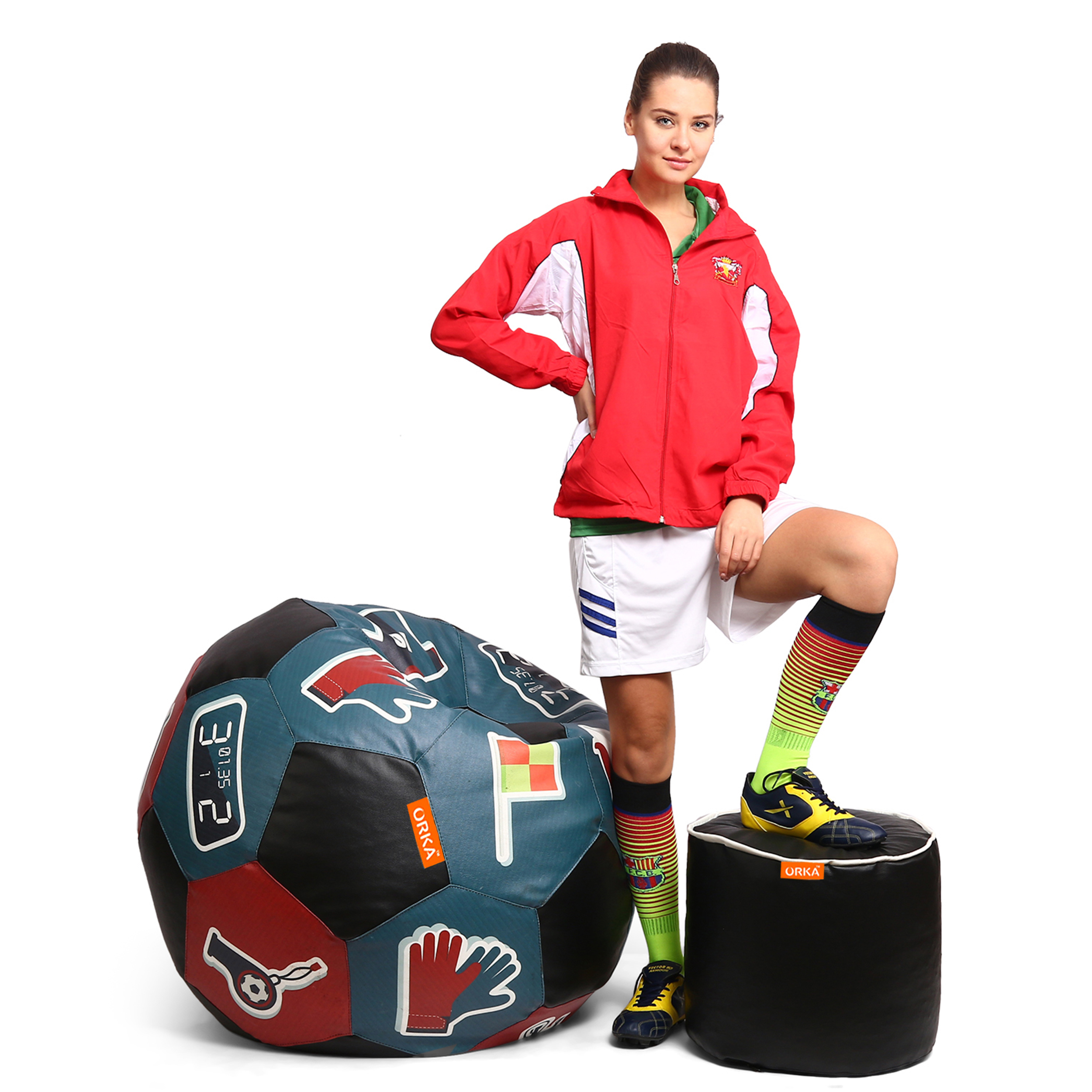 Orka Digital Printed XXL Foorball With Mathching Footstool Filled Bean Bag With Beans (FB38 Multicolor)